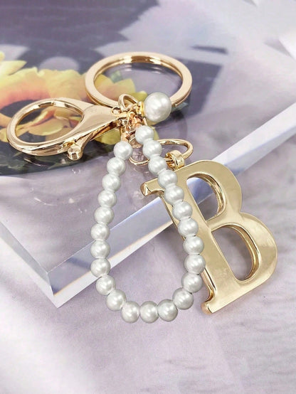 Advanced Elegant Golden Pearl Letter Keychain, Letters A-Z Three-Dimensional Pendant, Elegant Pearl Chain Flash Diamond Fashion Alloy Keychain Ring