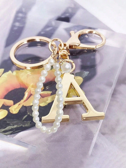 Advanced Elegant Golden Pearl Letter Keychain, Letters A-Z Three-Dimensional Pendant, Elegant Pearl Chain Flash Diamond Fashion Alloy Keychain Ring
