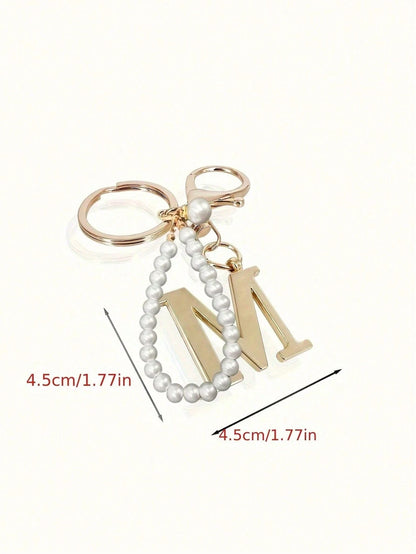 Advanced Elegant Golden Pearl Letter Keychain, Letters A-Z Three-Dimensional Pendant, Elegant Pearl Chain Flash Diamond Fashion Alloy Keychain Ring