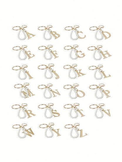 Advanced Elegant Golden Pearl Letter Keychain, Letters A-Z Three-Dimensional Pendant, Elegant Pearl Chain Flash Diamond Fashion Alloy Keychain Ring