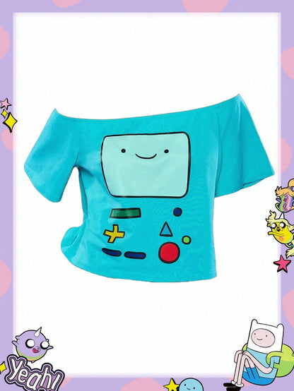 Adventure Time X ROMWE Spring/Summer Plus Size Women's Casual Cartoon Pattern Asymmetrical Shoulder Short Sleeve T-Shirt, Summer