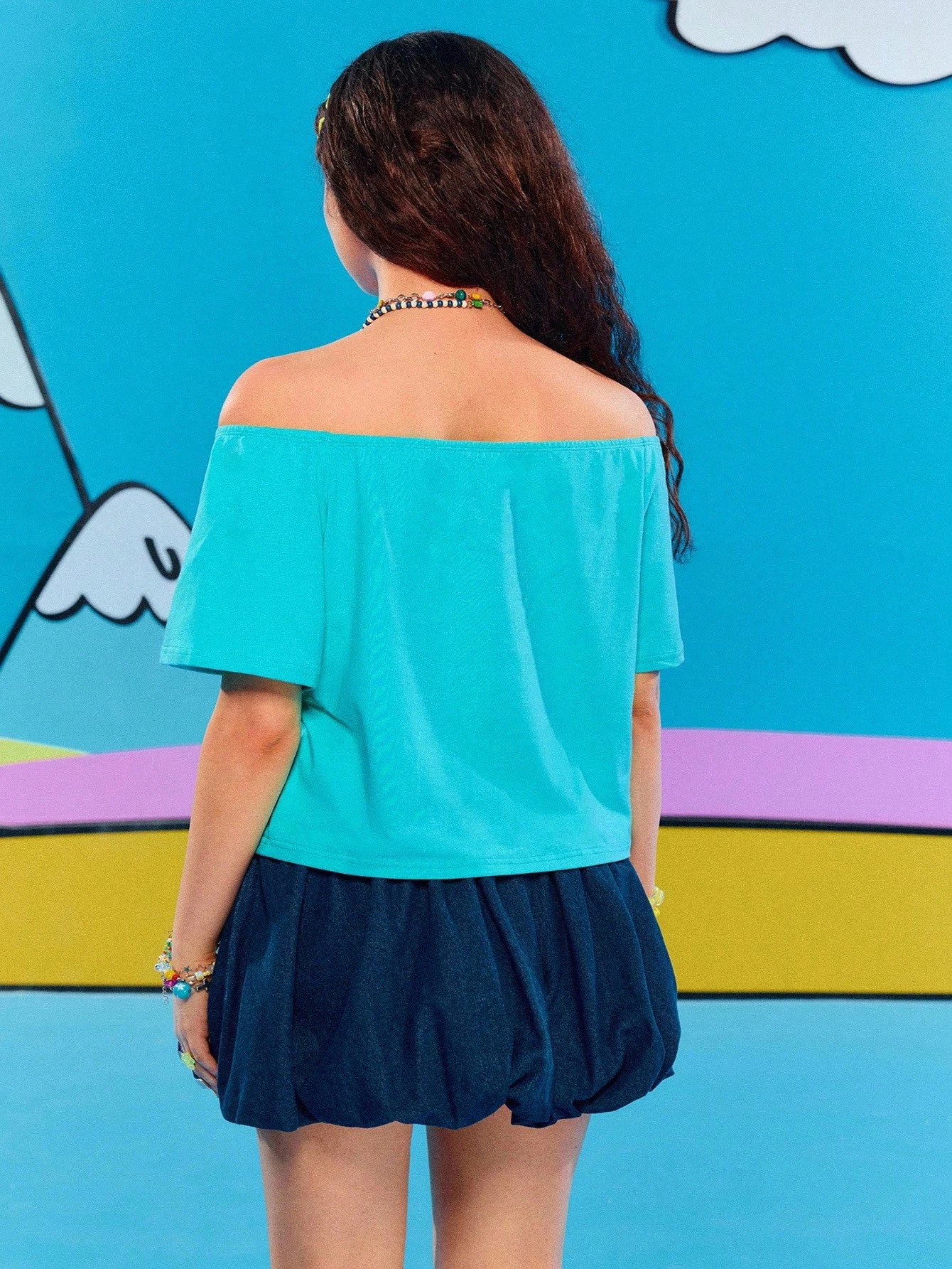 Adventure Time X ROMWE Spring/Summer Plus Size Women's Casual Cartoon Pattern Asymmetrical Shoulder Short Sleeve T-Shirt, Summer