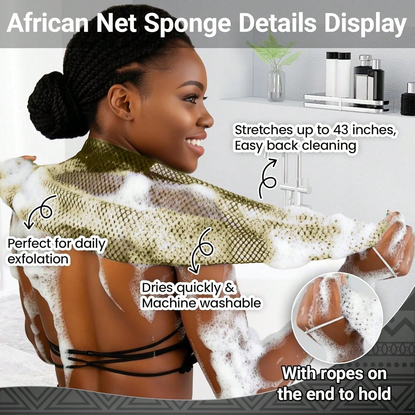 African Net Sponge Authentic 2 Pieces Gentle Exfoliating Body Scrubber Bath Sponges For All Skin Types, African Exfoliating Net Sponge With Handles Washcloth Loofah Bathing Accessories For Shower
