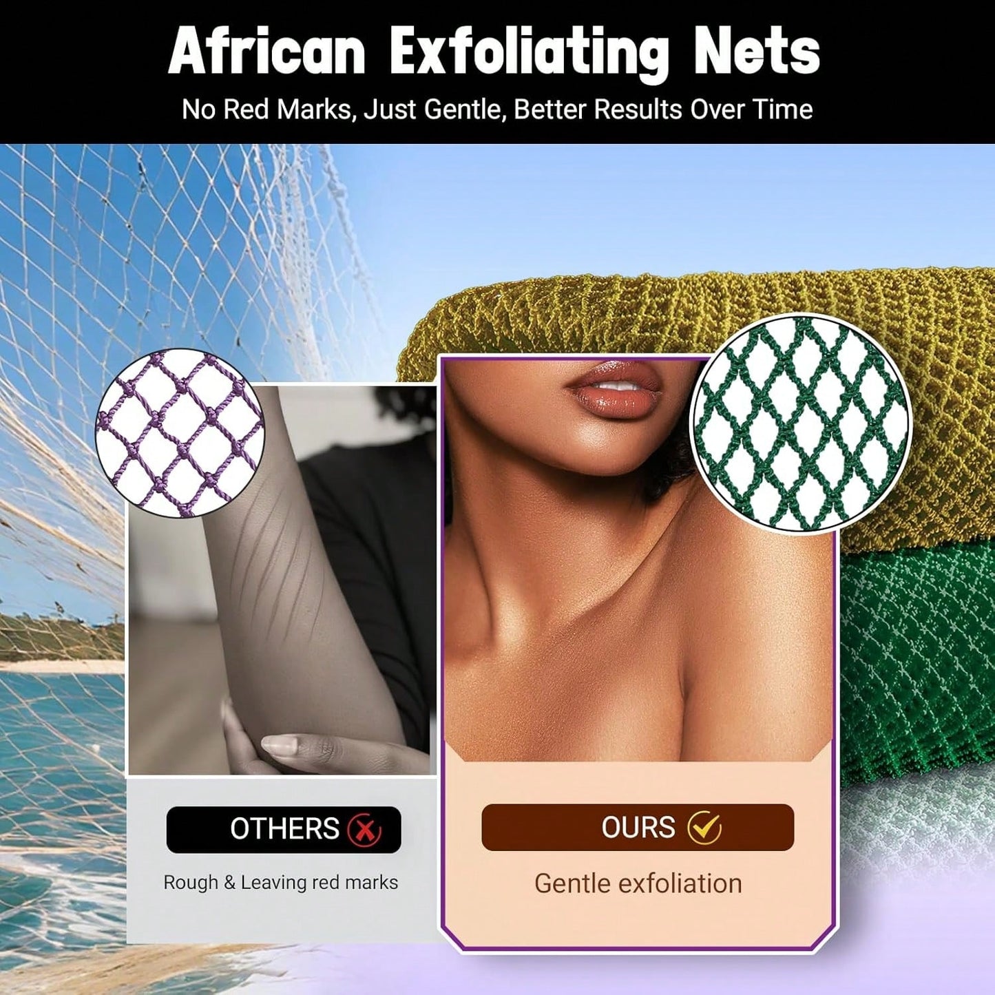 African Net Sponge Authentic 2 Pieces Gentle Exfoliating Body Scrubber Bath Sponges For All Skin Types, African Exfoliating Net Sponge With Handles Washcloth Loofah Bathing Accessories For Shower