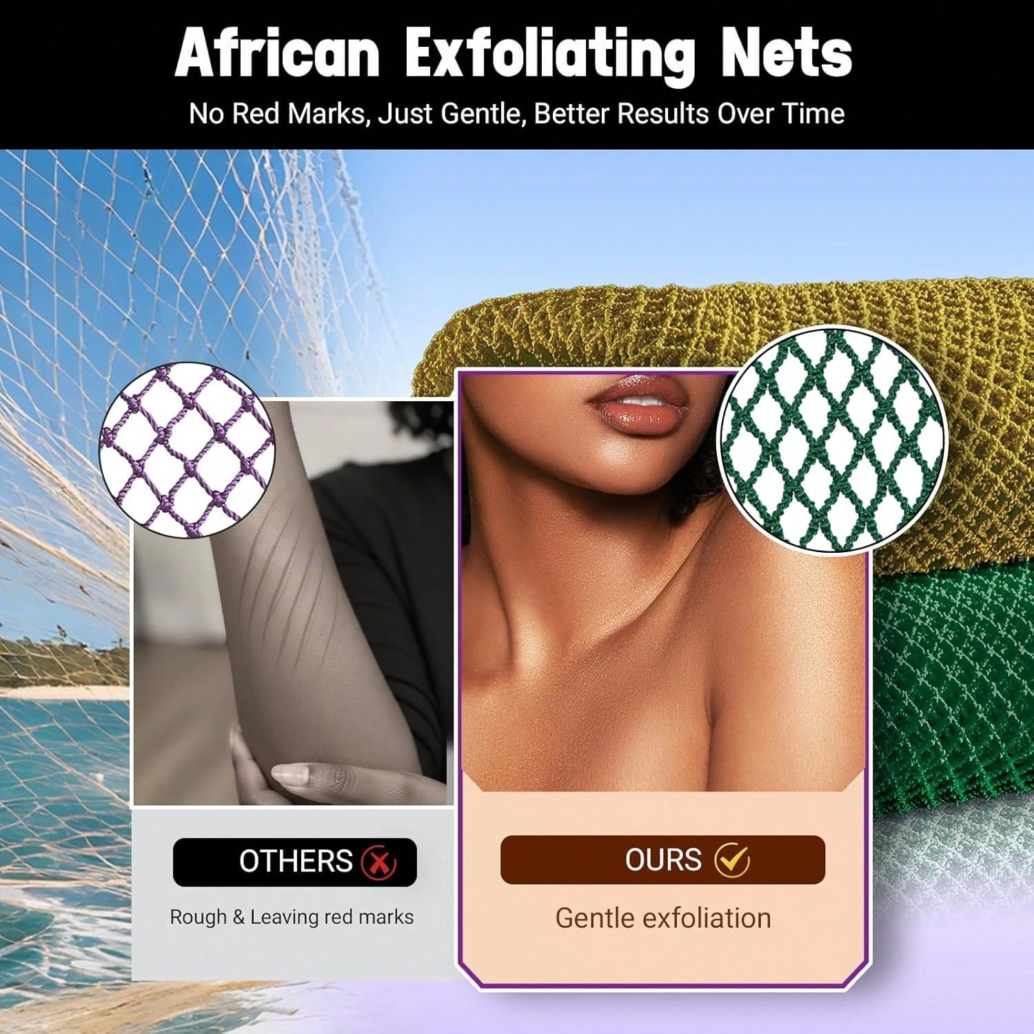 African Net Sponge Authentic 2 Pieces Gentle Exfoliating Body Scrubber Bath Sponges For All Skin Types, African Exfoliating Net Sponge With Handles Washcloth Loofah Bathing Accessories For Shower