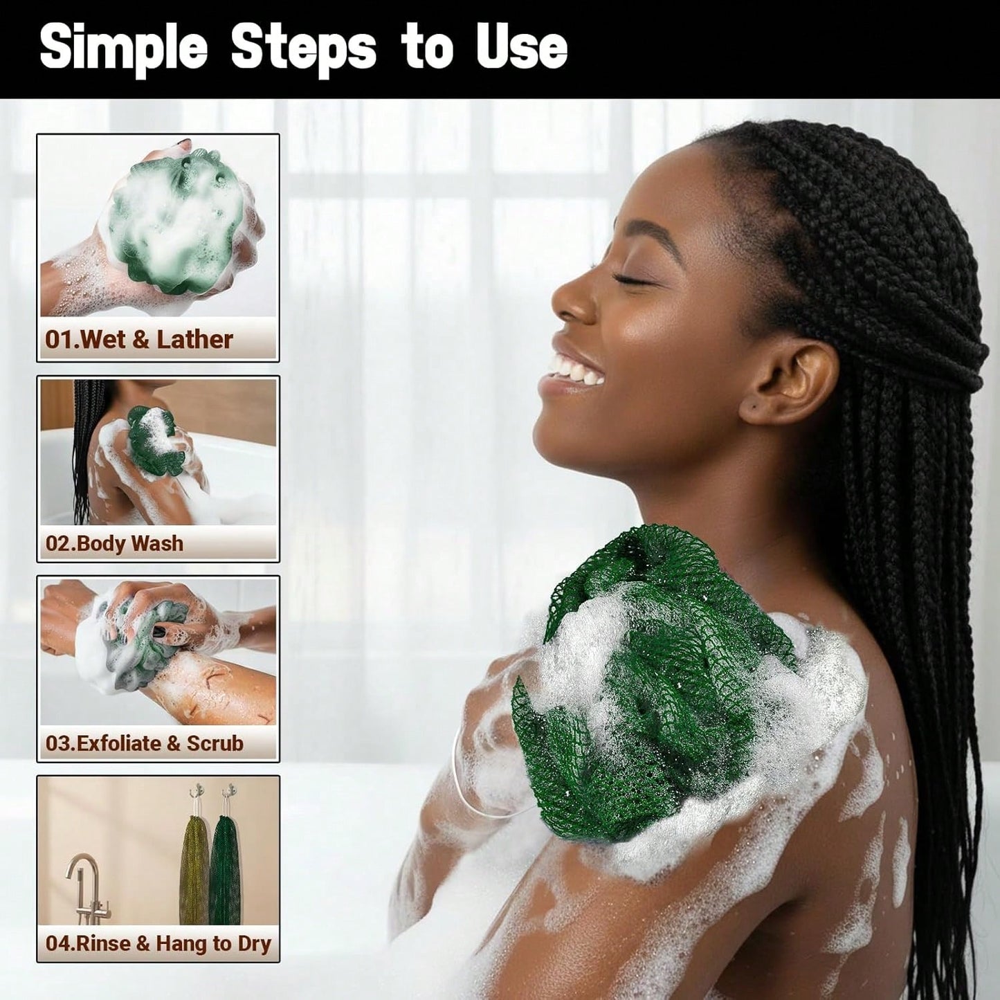 African Net Sponge Authentic 2 Pieces Gentle Exfoliating Body Scrubber Bath Sponges For All Skin Types, African Exfoliating Net Sponge With Handles Washcloth Loofah Bathing Accessories For Shower