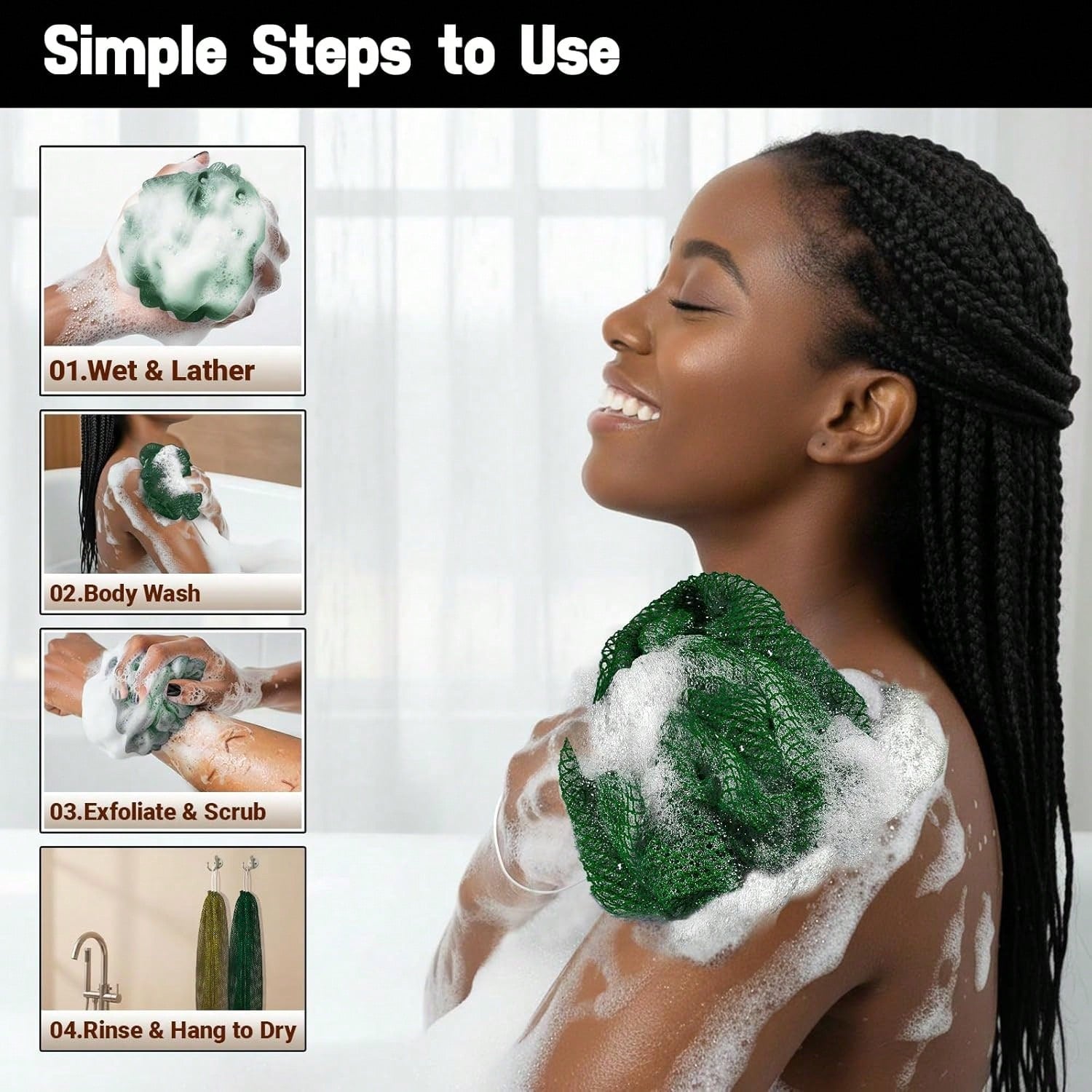 African Net Sponge Authentic 2 Pieces Gentle Exfoliating Body Scrubber Bath Sponges For All Skin Types, African Exfoliating Net Sponge With Handles Washcloth Loofah Bathing Accessories For Shower
