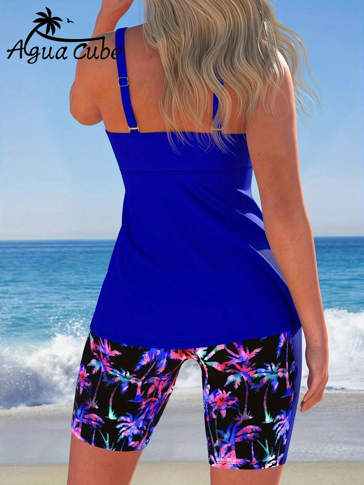 AguaCube Women'S Summer Beach Tankini Set With Tropical Coconut Tree Print, Off-The-Shoulder, Sleeveless, High Stretch Elastane, Bow Detail, Shorts, Fashionable Swimwear For Everyday Wear And Outdoor