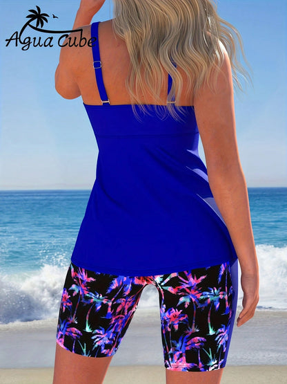 AguaCube Women'S Summer Beach Tankini Set With Tropical Coconut Tree Print, Off-The-Shoulder, Sleeveless, High Stretch Elastane, Bow Detail, Shorts, Fashionable Swimwear For Everyday Wear And Outdoor