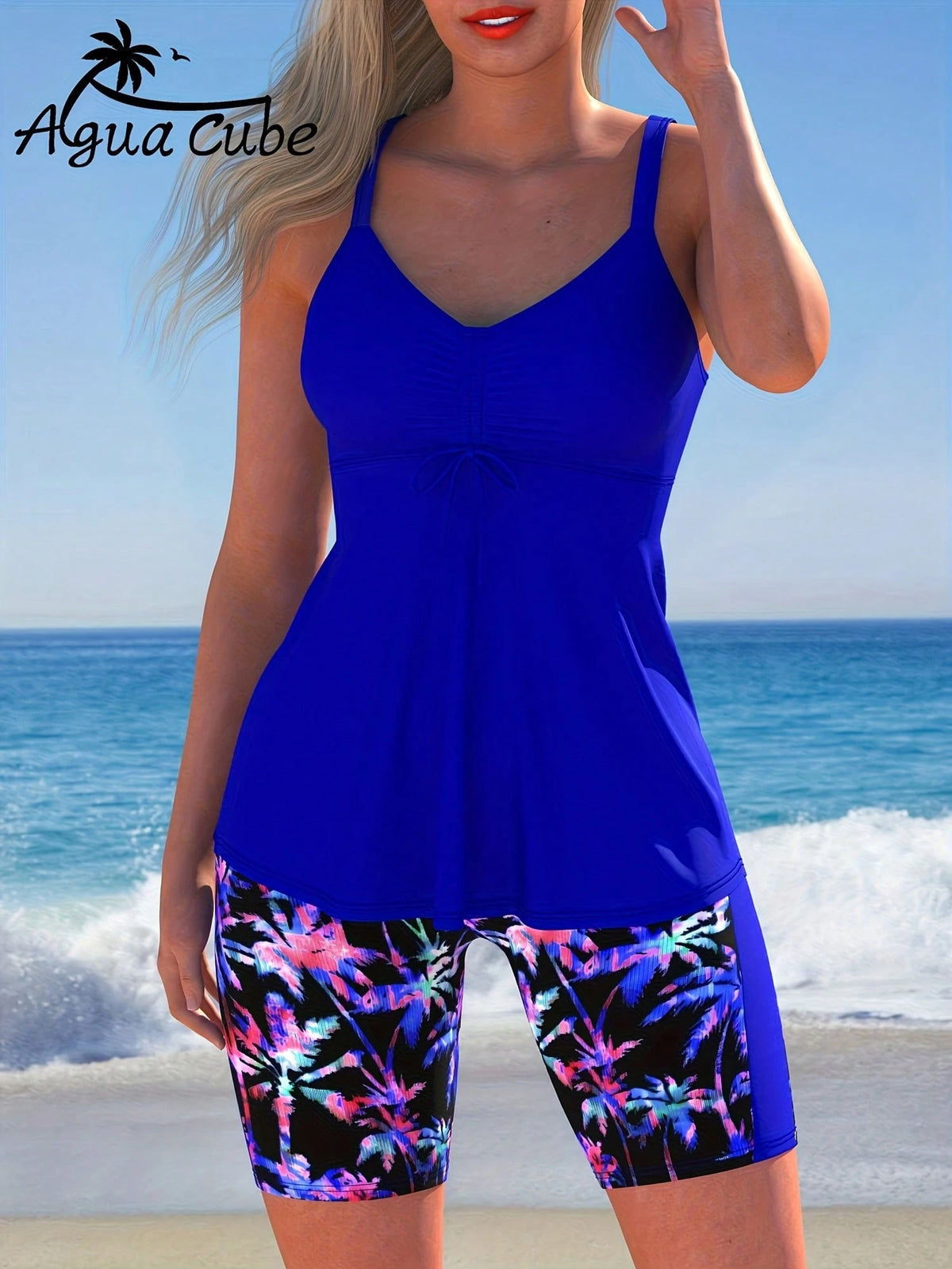 AguaCube Women'S Summer Beach Tankini Set With Tropical Coconut Tree Print, Off-The-Shoulder, Sleeveless, High Stretch Elastane, Bow Detail, Shorts, Fashionable Swimwear For Everyday Wear And Outdoor