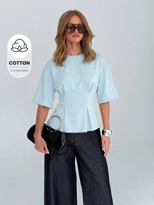 AiiRZ Women's Half Sleeve Cotton Peplum Top With Round Neckline And Relaxed Fit For Casual Spring Summer Wear