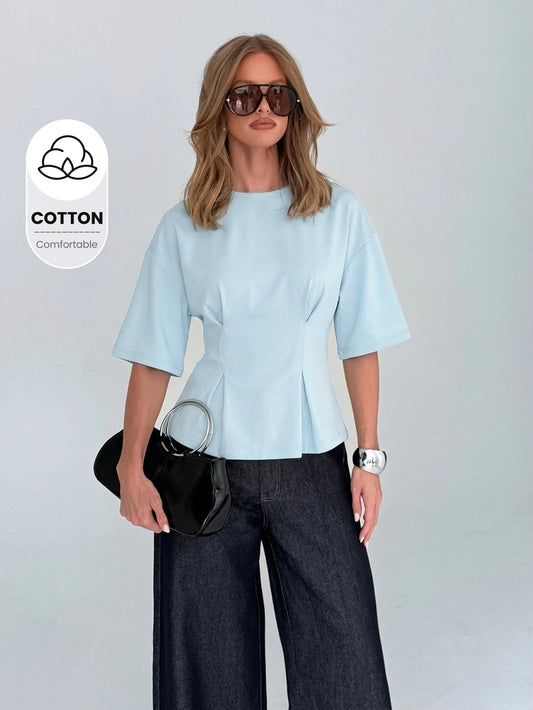 AiiRZ Women's Half Sleeve Cotton Peplum Top With Round Neckline And Relaxed Fit For Casual Spring Summer Wear