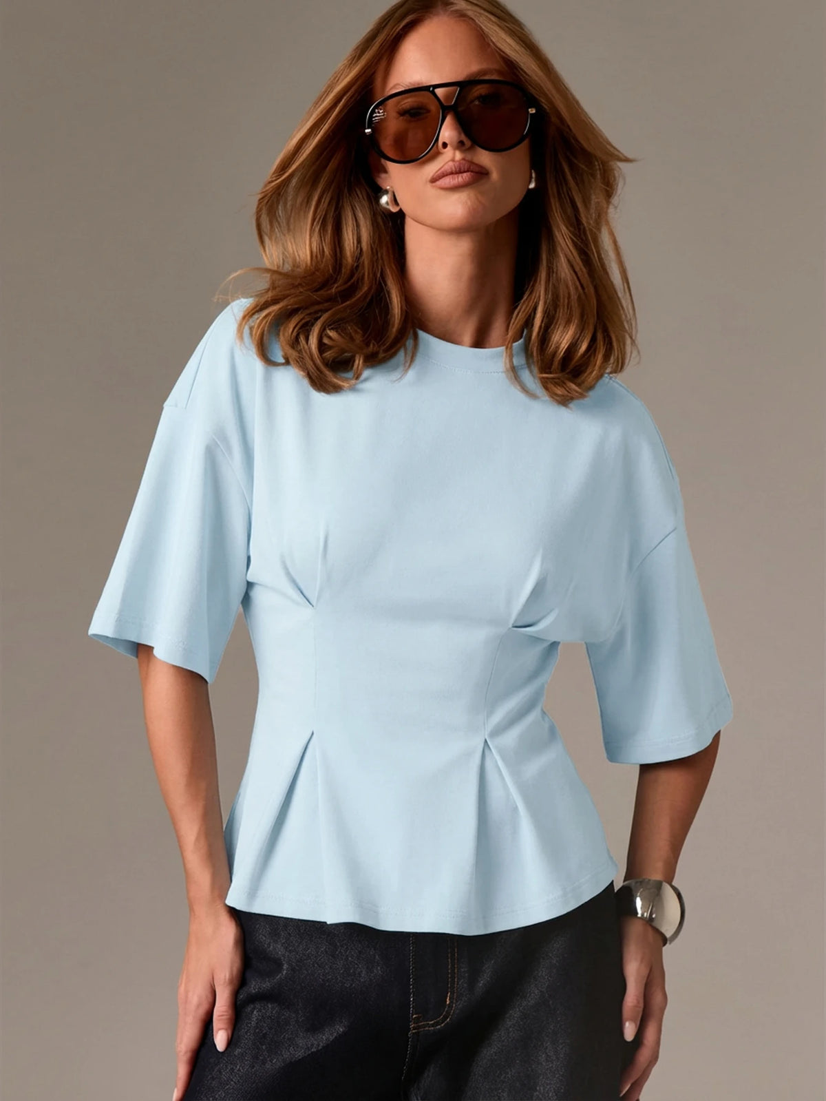 AiiRZ Women's Half Sleeve Cotton Peplum Top With Round Neckline And Relaxed Fit For Casual Spring Summer Wear