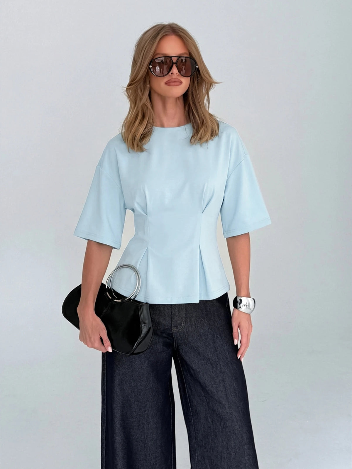 AiiRZ Women's Half Sleeve Cotton Peplum Top With Round Neckline And Relaxed Fit For Casual Spring Summer Wear