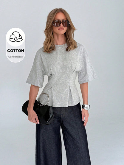AiiRZ Women's Half Sleeve Cotton Peplum Top With Round Neckline And Relaxed Fit For Casual Spring Summer Wear