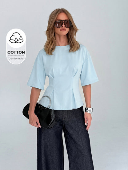 AiiRZ Women's Half Sleeve Cotton Peplum Top With Round Neckline And Relaxed Fit For Casual Spring Summer Wear