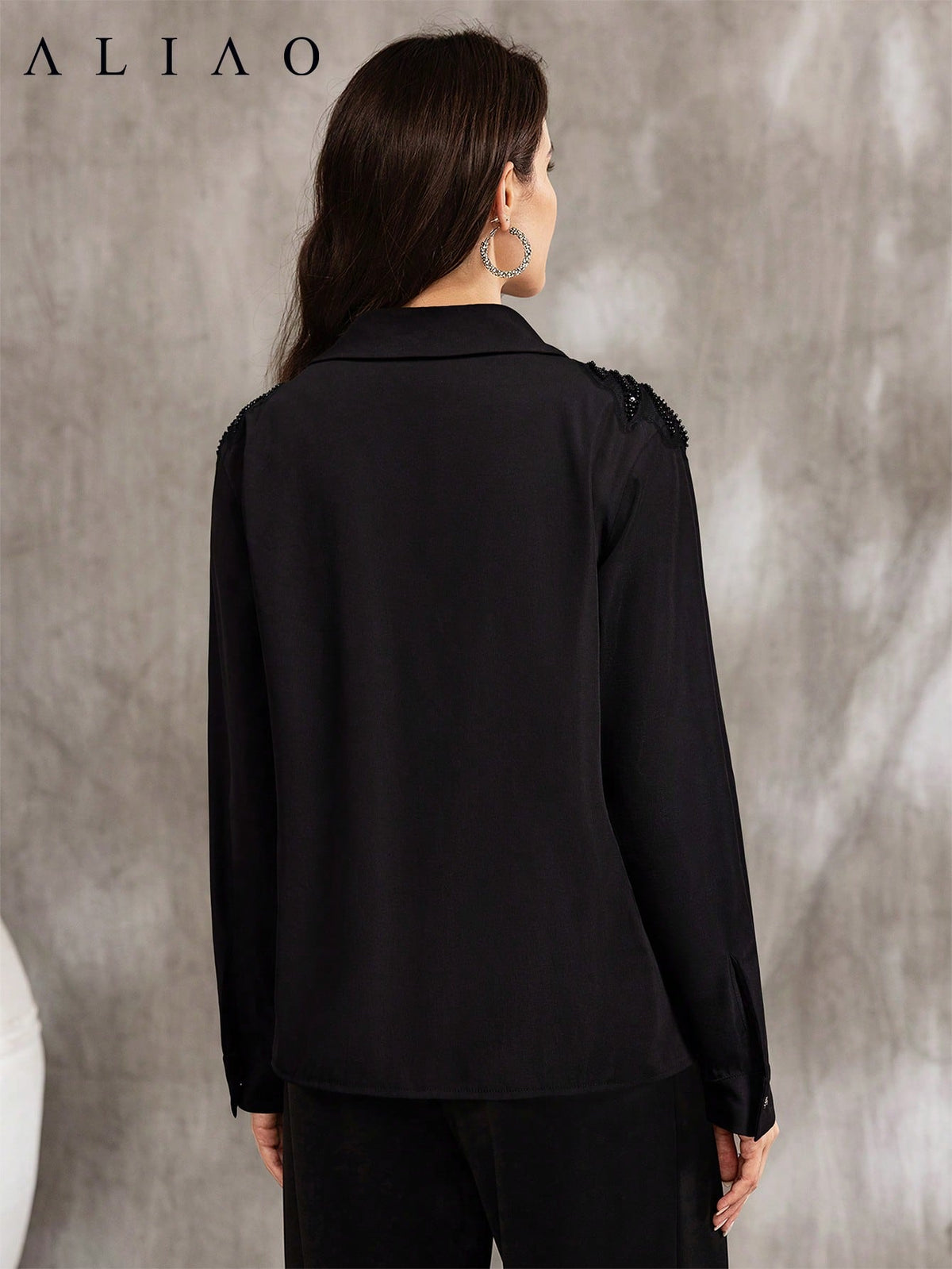ALIAO Spring White 3D Floral Applique Loose Long Sleeve Blouse, French Elegant Style, Holiday Vacation Concert Black