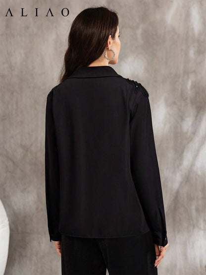 ALIAO Spring White 3D Floral Applique Loose Long Sleeve Blouse, French Elegant Style, Holiday Vacation Concert Black