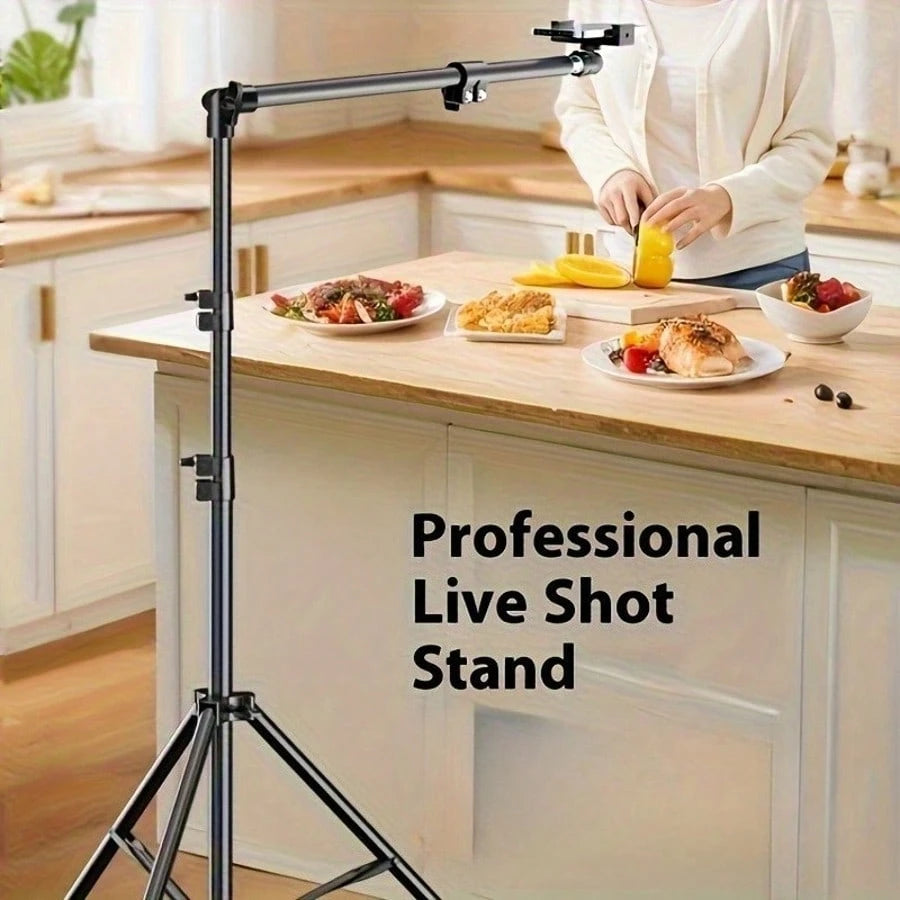 All-In-One Phone Tripod Stand With Flexible Arm- Professional Overhead Shooting Setup For Live Streaming, Video Recording, Content Creation, Foldable & 360° Rotatable