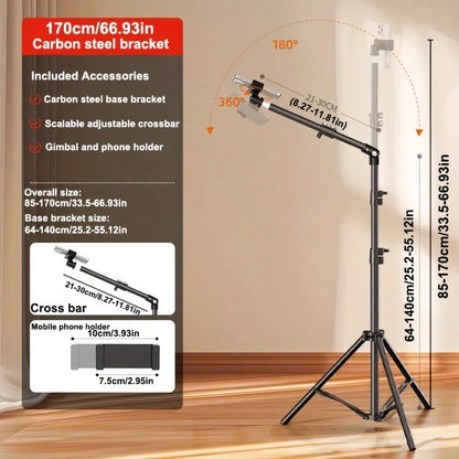 All-In-One Phone Tripod Stand With Flexible Arm- Professional Overhead Shooting Setup For Live Streaming, Video Recording, Content Creation, Foldable & 360° Rotatable