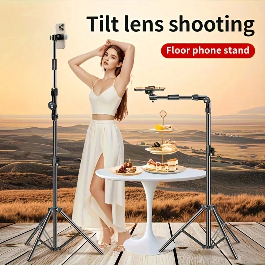 All-In-One Phone Tripod Stand With Flexible Arm- Professional Overhead Shooting Setup For Live Streaming, Video Recording, Content Creation, Foldable & 360° Rotatable