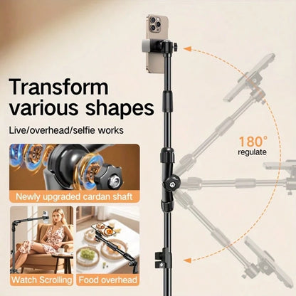 All-In-One Phone Tripod Stand With Flexible Arm- Professional Overhead Shooting Setup For Live Streaming, Video Recording, Content Creation, Foldable & 360° Rotatable