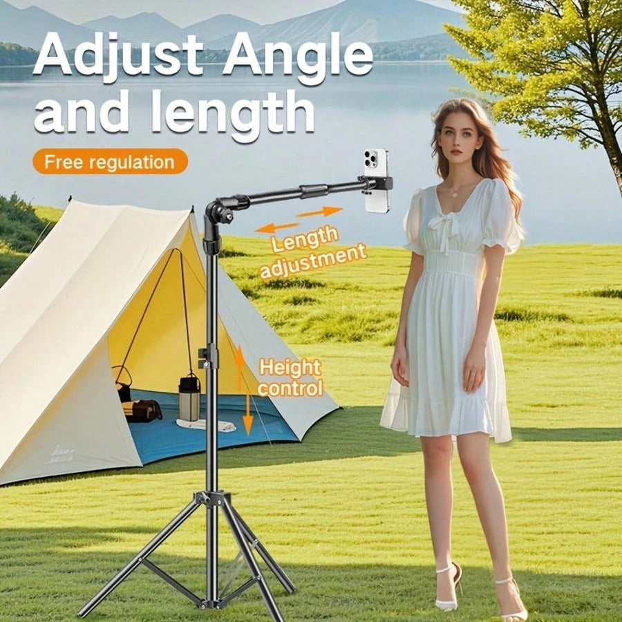 All-In-One Phone Tripod Stand With Flexible Arm- Professional Overhead Shooting Setup For Live Streaming, Video Recording, Content Creation, Foldable & 360° Rotatable