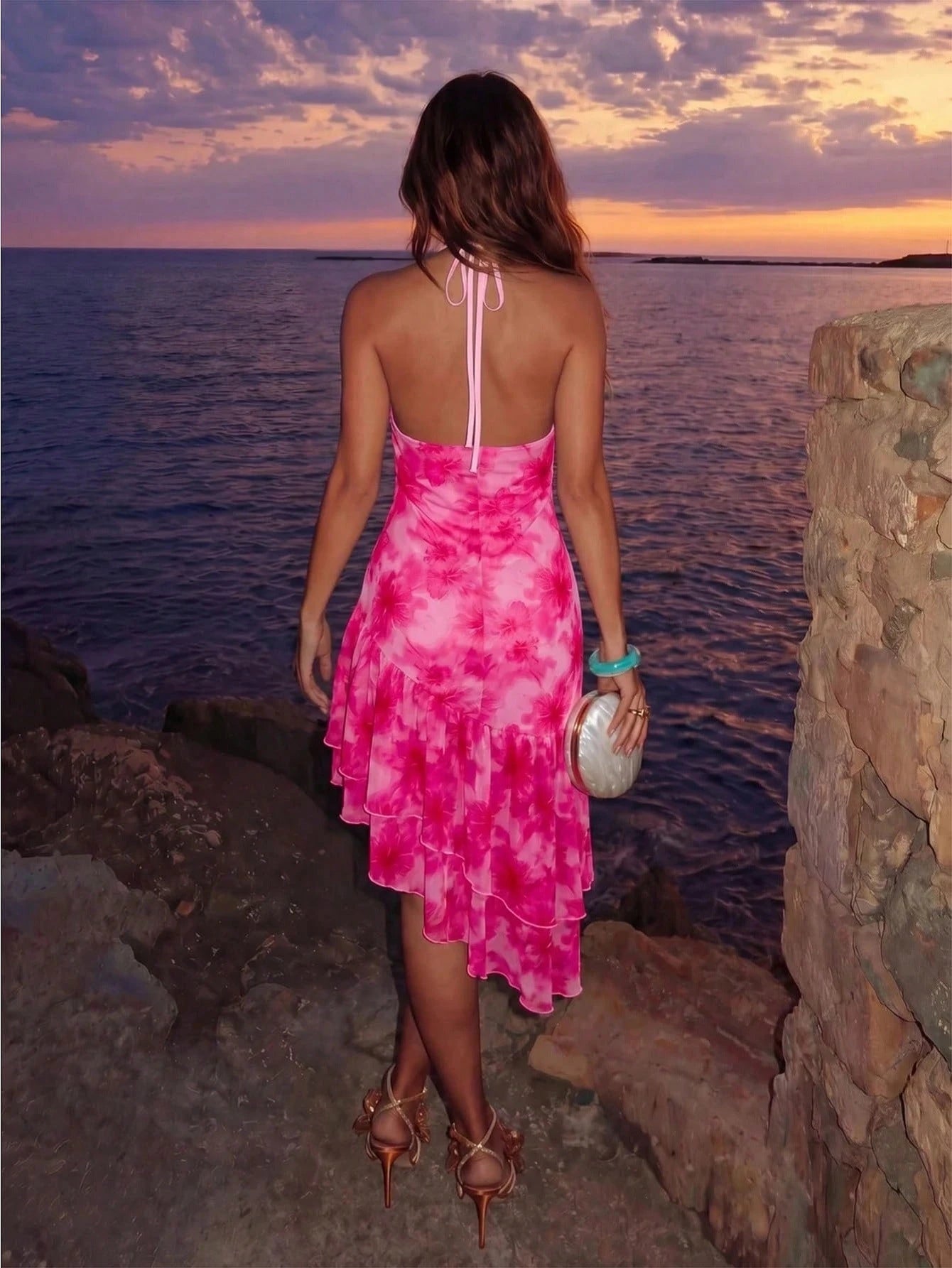 Allurite Asymmetric Hem Printed Halter Neck Dress, Women's Vacation Pink And White Dress Beach Vacation Summer Tropical