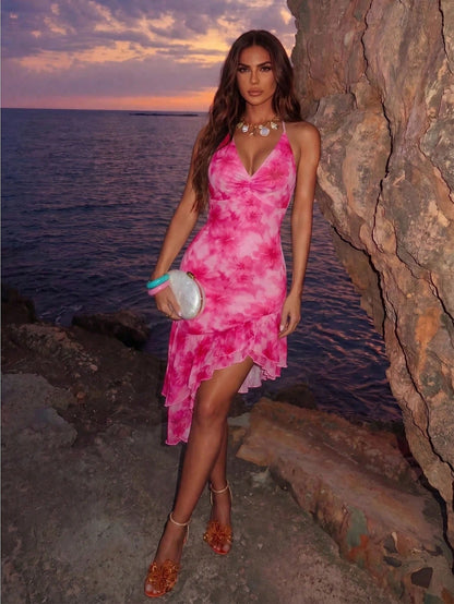 Allurite Asymmetric Hem Printed Halter Neck Dress, Women's Vacation Pink And White Dress Beach Vacation Summer Tropical