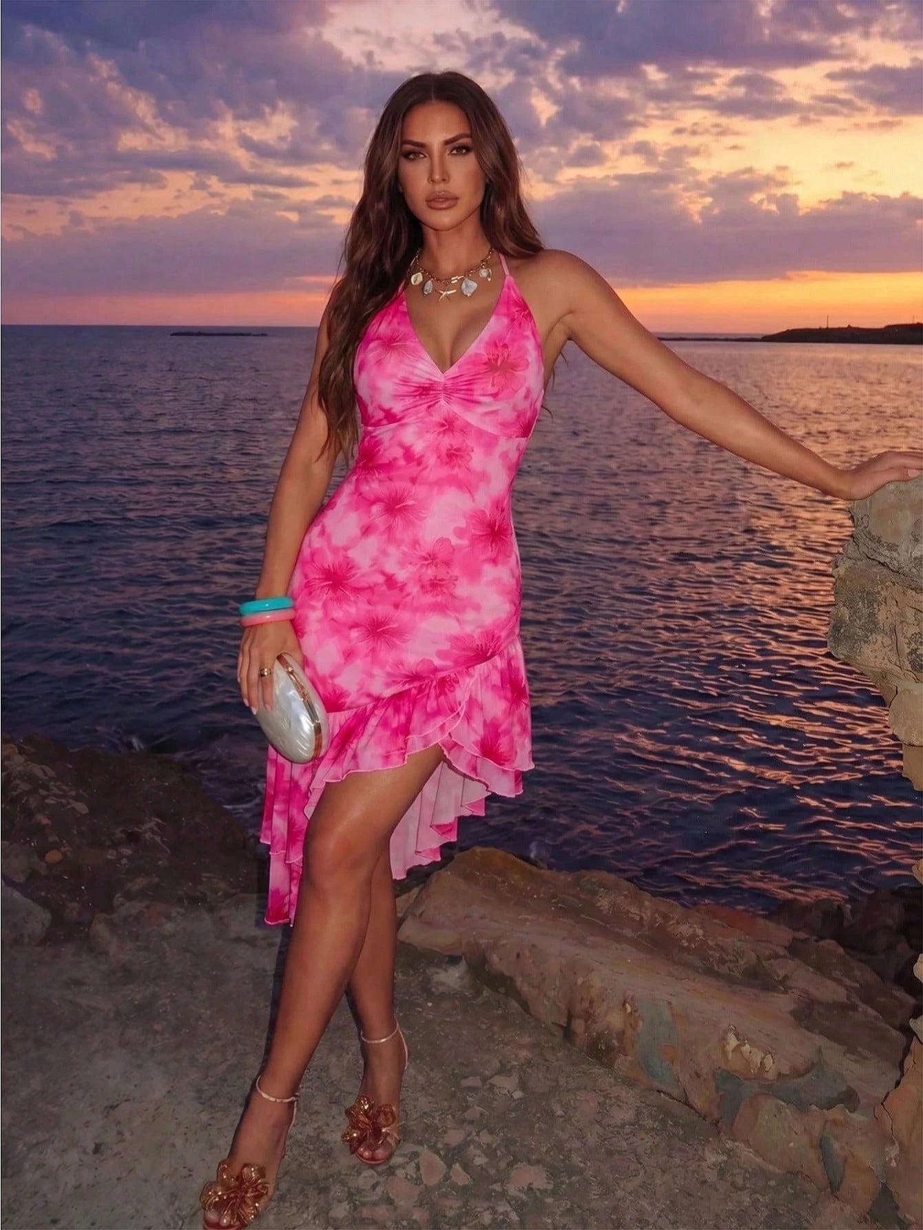 Allurite Asymmetric Hem Printed Halter Neck Dress, Women's Vacation Pink And White Dress Beach Vacation Summer Tropical