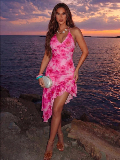 Allurite Asymmetric Hem Printed Halter Neck Dress, Women's Vacation Pink And White Dress Beach Vacation Summer Tropical