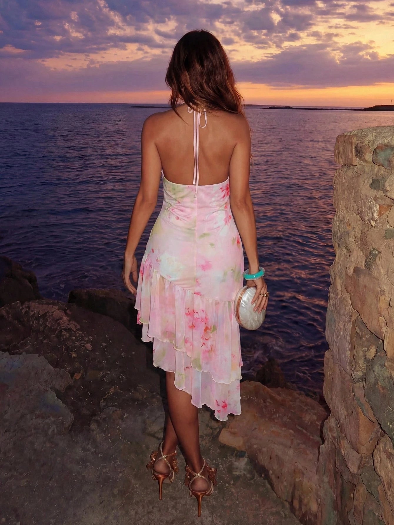 Allurite Asymmetric Hem Printed Halter Neck Dress, Women's Vacation Pink And White Dress Beach Vacation Summer Tropical