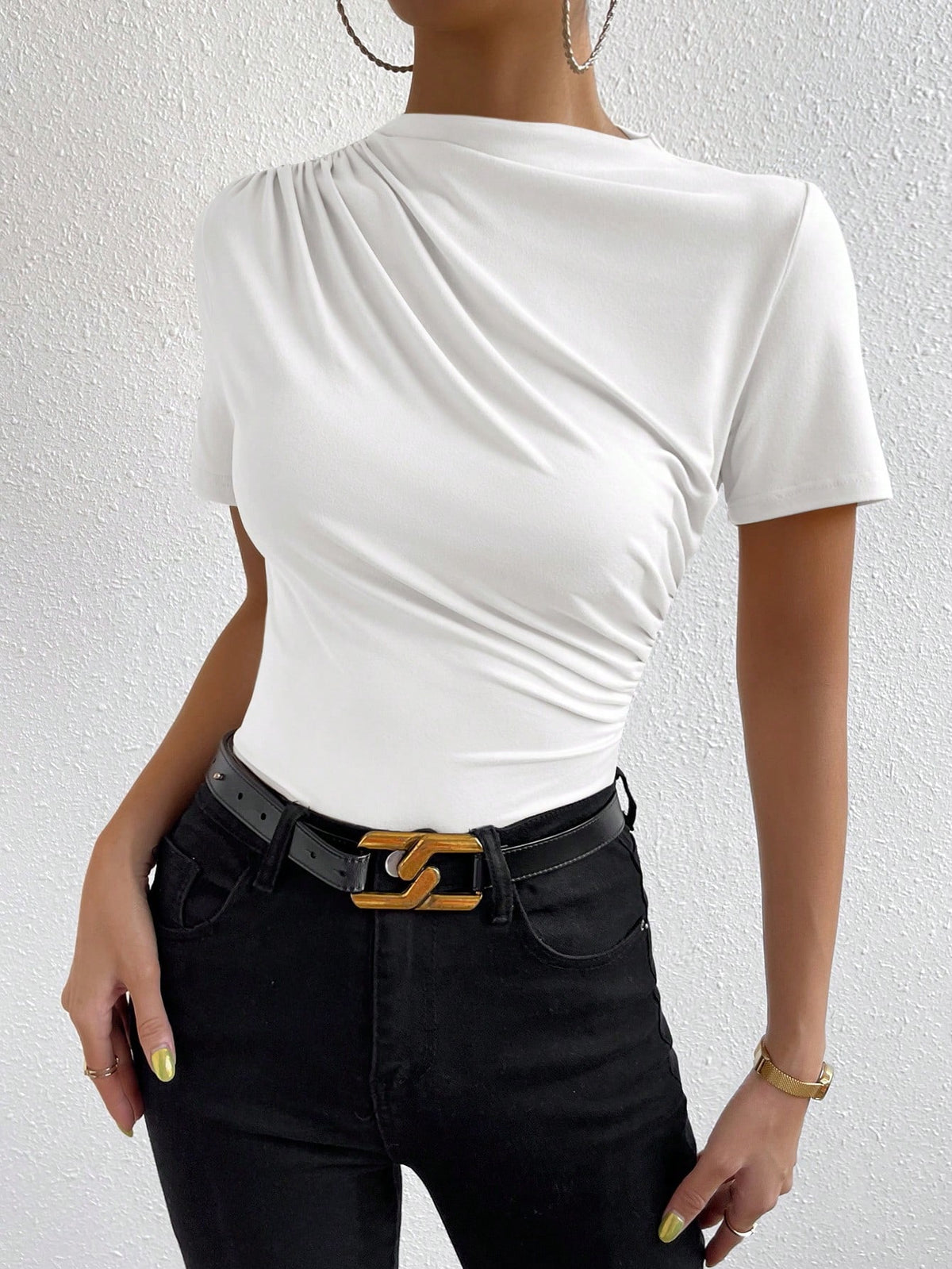 Allurite Solid Color Slim Fit T-Shirt With Stand Collar And Pleats Detail