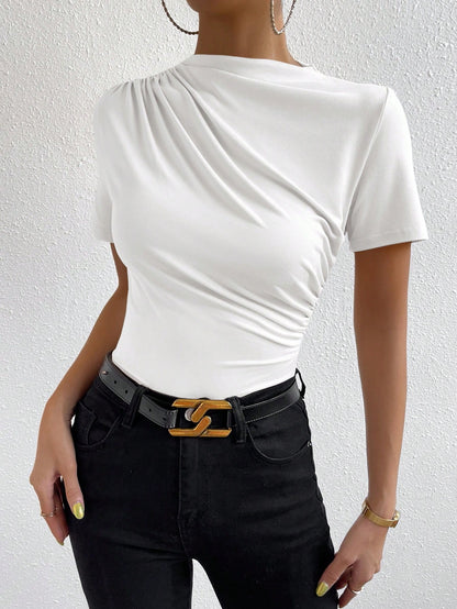 Allurite Solid Color Slim Fit T-Shirt With Stand Collar And Pleats Detail