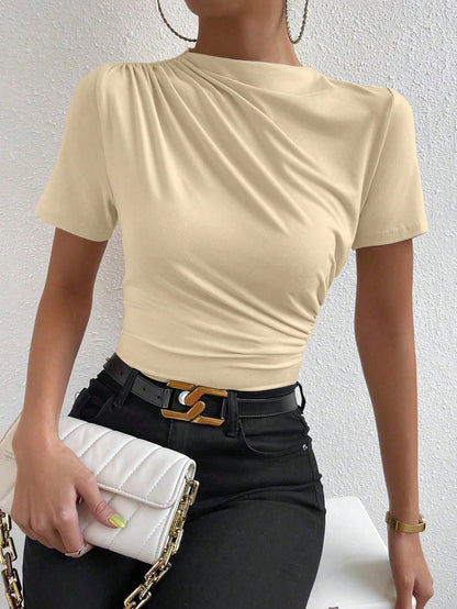 Allurite Solid Color Slim Fit T-Shirt With Stand Collar And Pleats Detail
