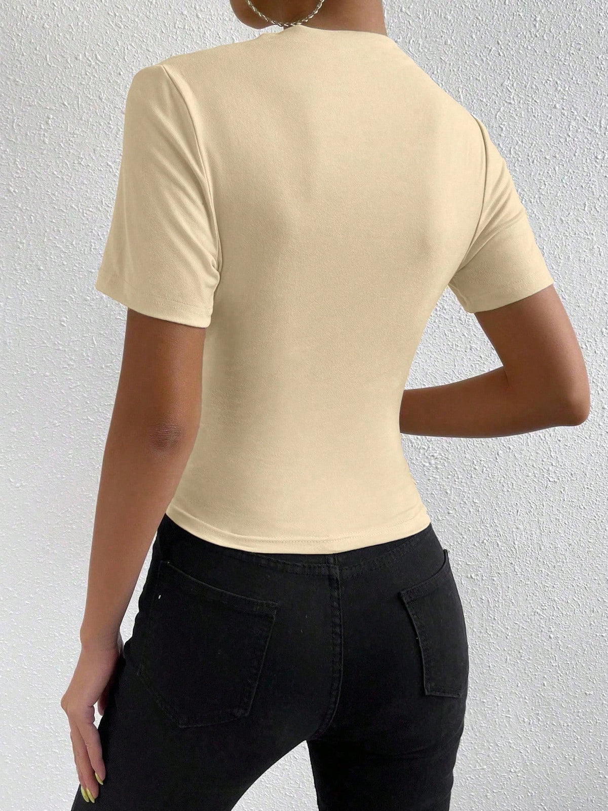 Allurite Solid Color Slim Fit T-Shirt With Stand Collar And Pleats Detail