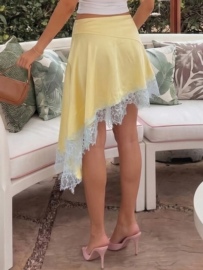 Allurite Women's Yellow Satin Contrast Lace Trim Asymmetric Skirt Smooth Shiny Satin Fabric Fresh Minimalist Street Style Summer Outdoor Casual Outing Summer