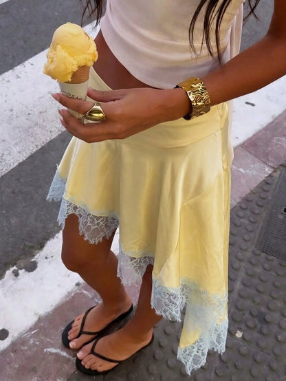 Allurite Women's Yellow Satin Contrast Lace Trim Asymmetric Skirt Smooth Shiny Satin Fabric Fresh Minimalist Street Style Summer Outdoor Casual Outing Summer