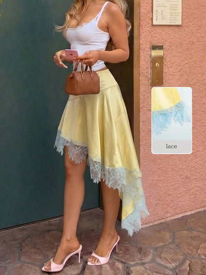 Allurite Women's Yellow Satin Contrast Lace Trim Asymmetric Skirt Smooth Shiny Satin Fabric Fresh Minimalist Street Style Summer Outdoor Casual Outing Summer