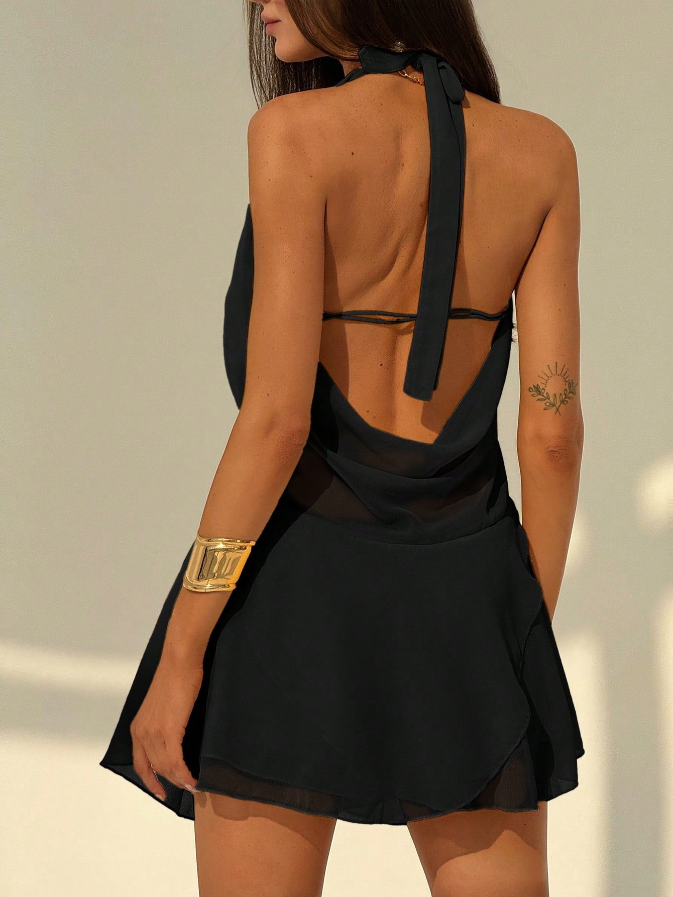 Aloruh Black Summer Sexy Chic Club Night Backless Mini Dress, Halter Deep Draped Neck With Asymmetrical Ruffle Hem, Solid Color Party Dress