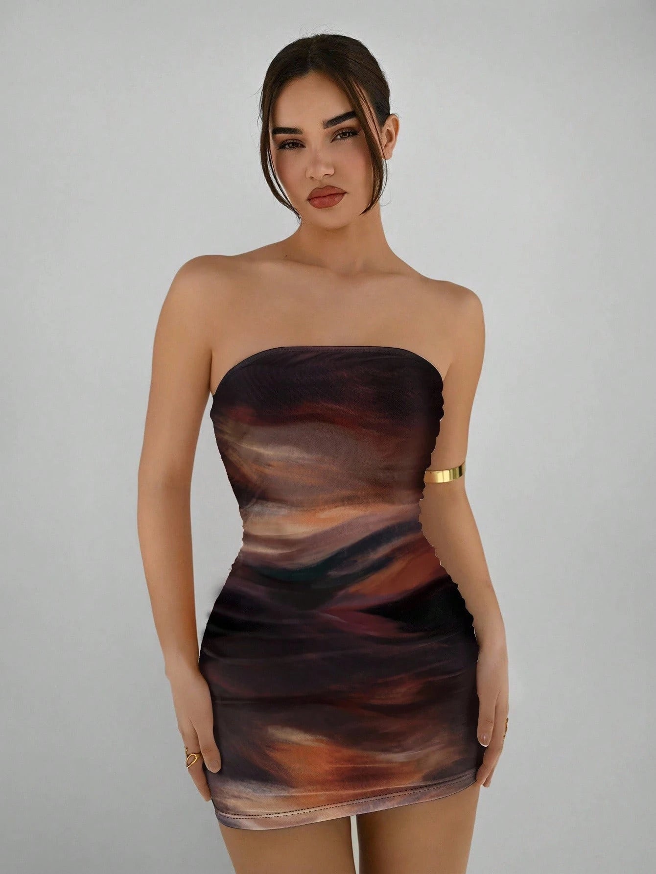 Aloruh Casual Elegant Abstract Pattern Brown Coffee Full Print Bandeau Bodycon Summer Dress, Suitable For Vacation, Party Chic