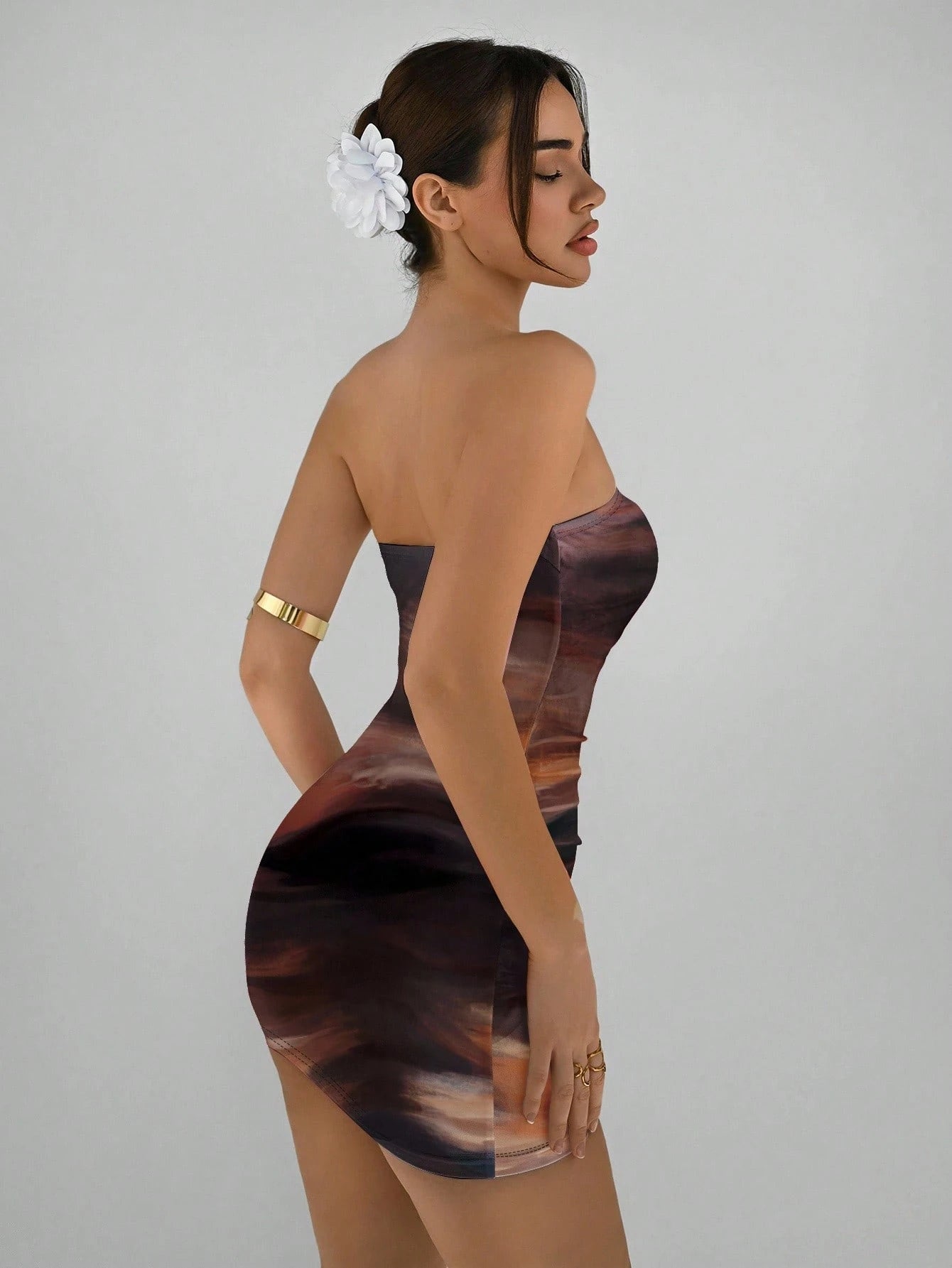 Aloruh Casual Elegant Abstract Pattern Brown Coffee Full Print Bandeau Bodycon Summer Dress, Suitable For Vacation, Party Chic