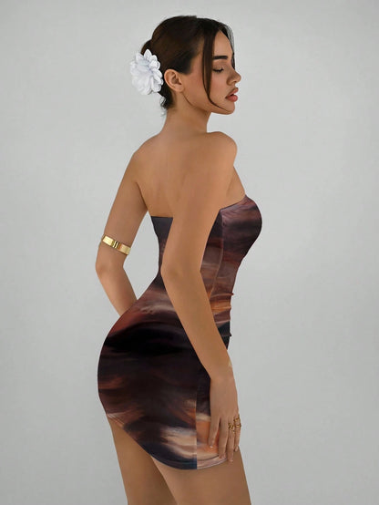 Aloruh Casual Elegant Abstract Pattern Brown Coffee Full Print Bandeau Bodycon Summer Dress, Suitable For Vacation, Party Chic