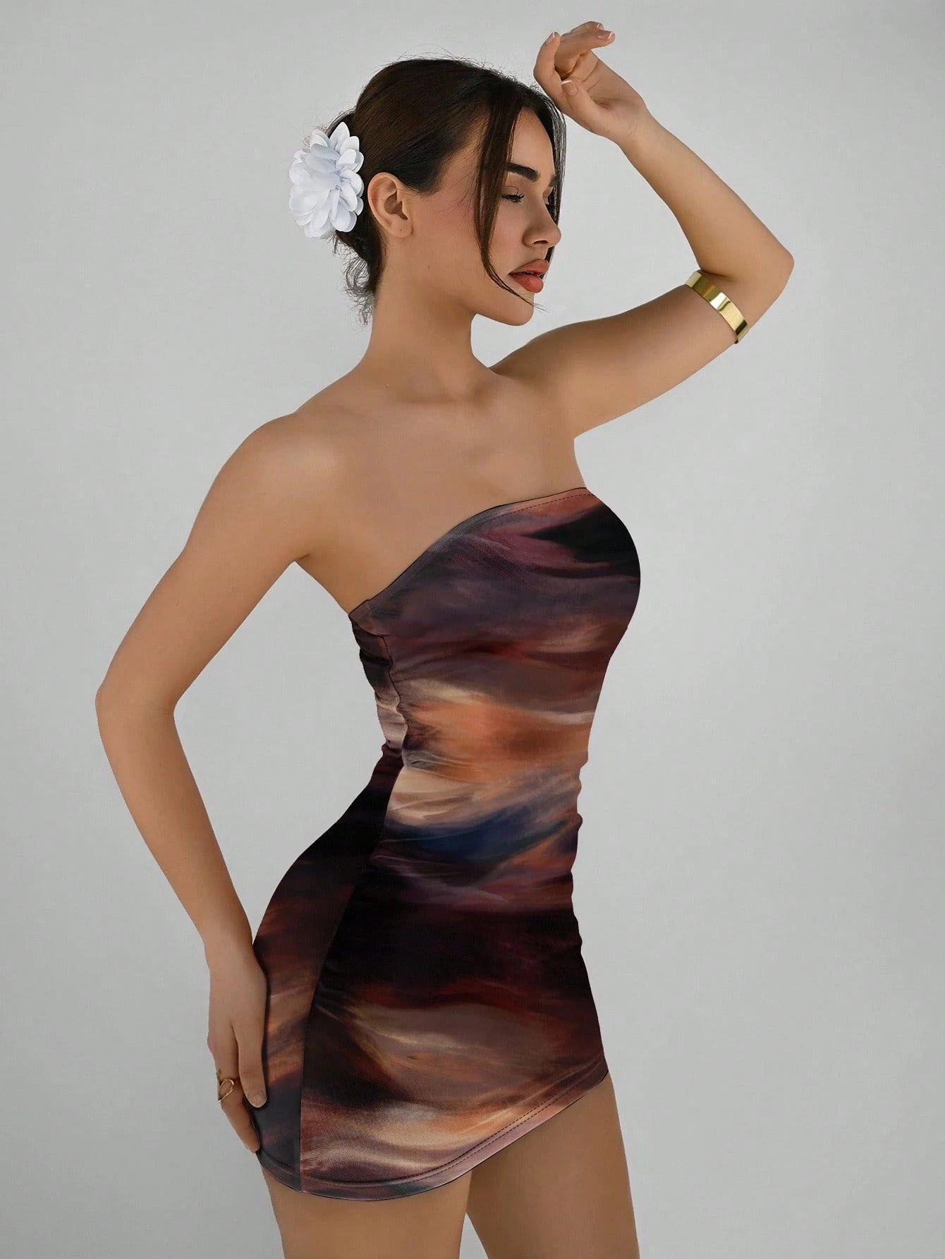Aloruh Casual Elegant Abstract Pattern Brown Coffee Full Print Bandeau Bodycon Summer Dress, Suitable For Vacation, Party Chic