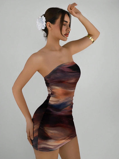 Aloruh Casual Elegant Abstract Pattern Brown Coffee Full Print Bandeau Bodycon Summer Dress, Suitable For Vacation, Party Chic