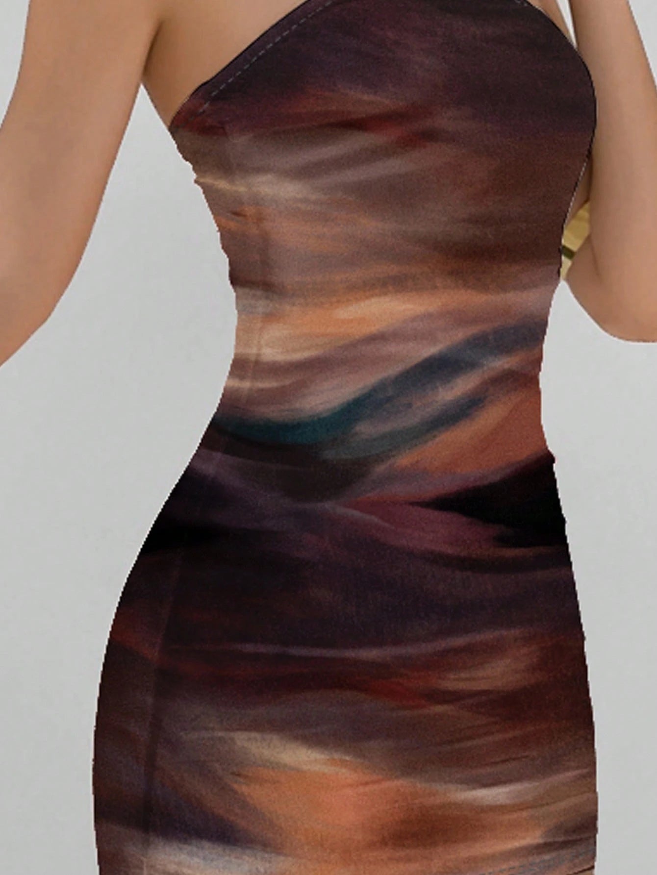 Aloruh Casual Elegant Abstract Pattern Brown Coffee Full Print Bandeau Bodycon Summer Dress, Suitable For Vacation, Party Chic