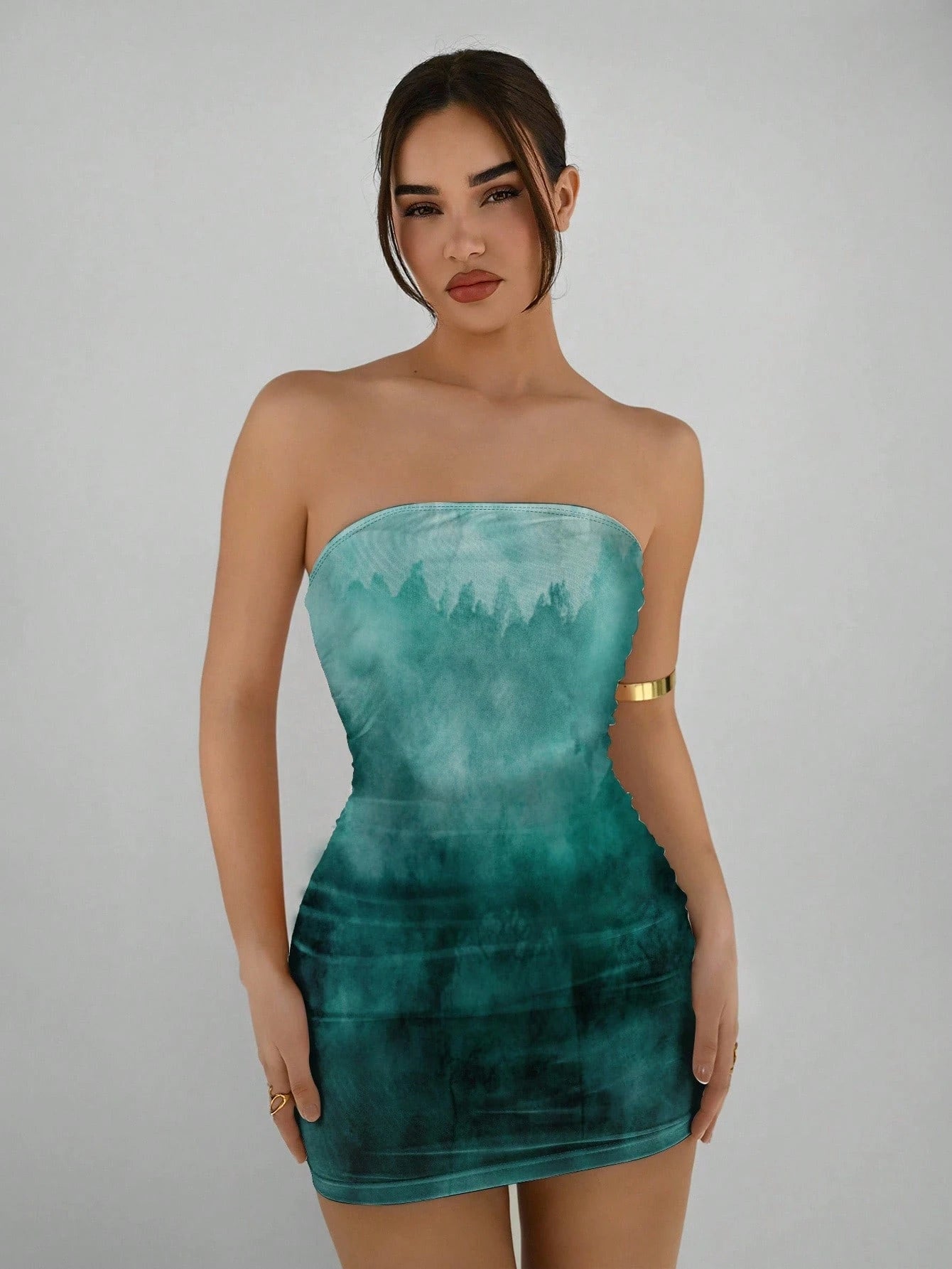 Aloruh Casual Elegant Abstract Pattern Brown Coffee Full Print Bandeau Bodycon Summer Dress, Suitable For Vacation, Party Chic