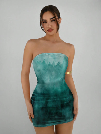 Aloruh Casual Elegant Abstract Pattern Brown Coffee Full Print Bandeau Bodycon Summer Dress, Suitable For Vacation, Party Chic