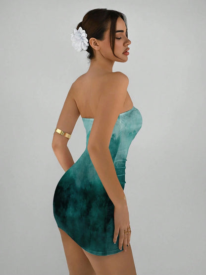 Aloruh Casual Elegant Abstract Pattern Brown Coffee Full Print Bandeau Bodycon Summer Dress, Suitable For Vacation, Party Chic
