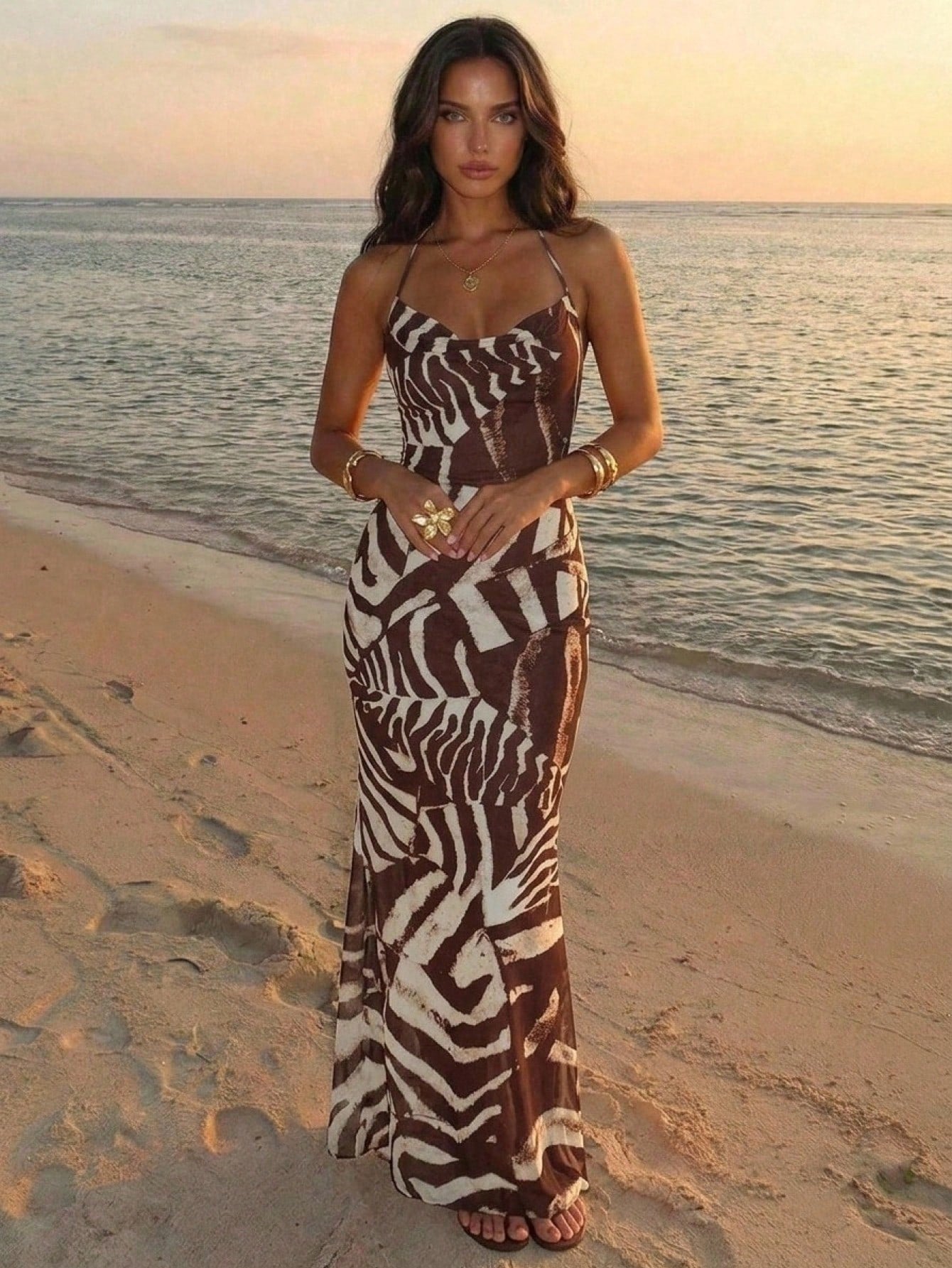 Aloruh Leopard Print Dress For Woman,White Animal Print,Summer,Casual,Holiday,Vacation,Holiday Beach Backless Beaded Halter Long Boho Outfits